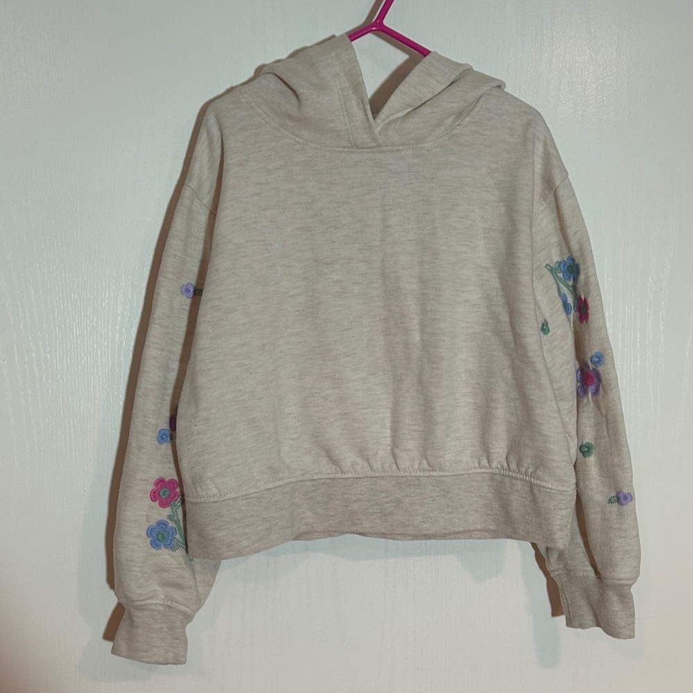 Crewcuts J.Crew Girls Oatmeal Heather Floral Embroidered Sleeve Hoodie S 6-7